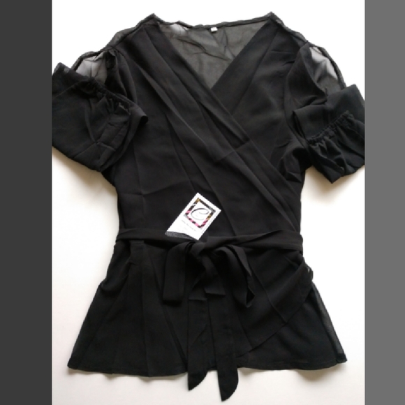 V-Neck, wrapped, sheer blouse with slit sleeves. - Picture 4 of 4